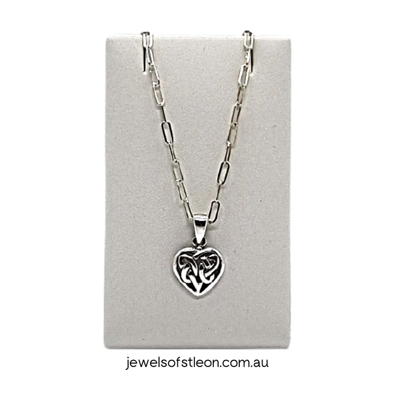 925 Sterling Silver Celtic Heart Pendant and 1.95mm Elongated 45cm Necklace.  Beautiful modern design an available from Online Jewellery Store Jewels of St Leon.