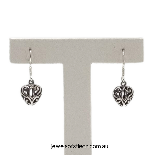 Sterling Silver Classic Filigree Heart Dangle Earrings