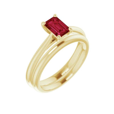 Genuine Ruby Bridal Set with Emerald-Cut 0.70ct Genuine Ruby on a 14K Yellow Gold Setting and matching wedding band - From Jewels of St Leon Engagement Rings Australia