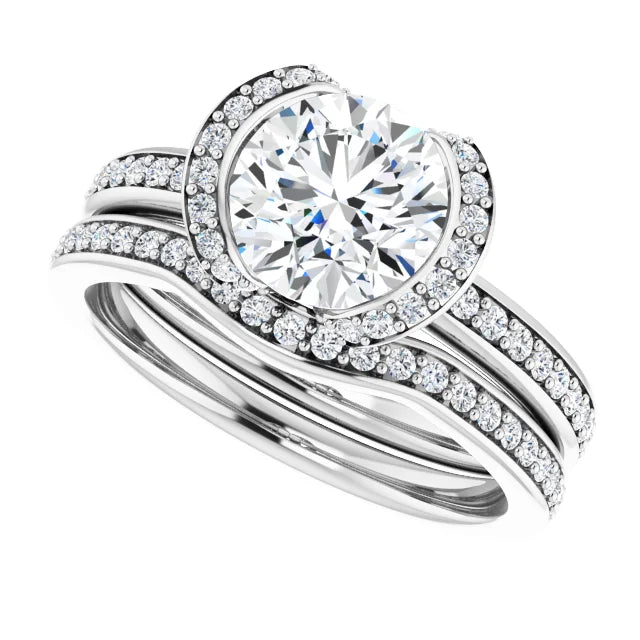 1.61CTW Moissanite Halo and accented Engagement Ring in 14K white gold with accented wedding band. Affordable Luxury Engagement Rings in Australia from Jewels of St Leon.