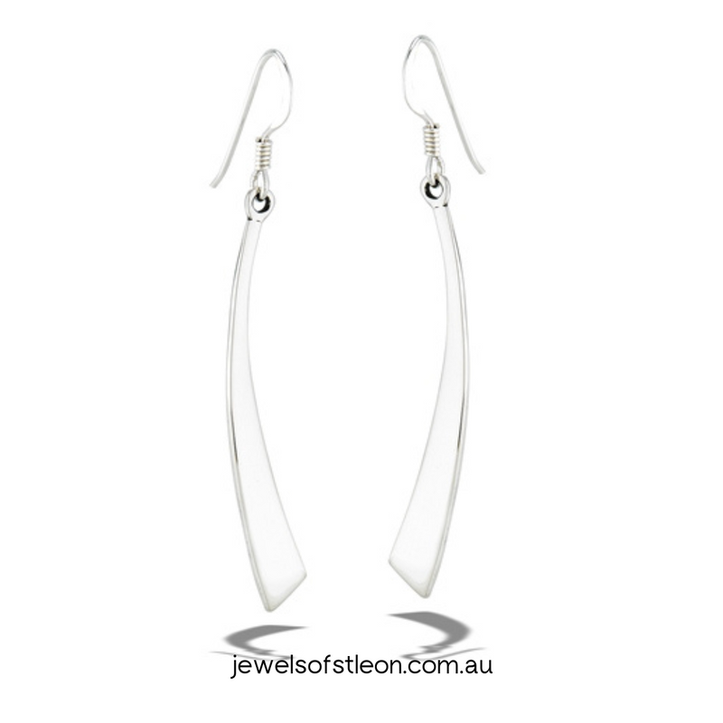 Modern High Polished Curved 52x5mm 925 Sterling Silver Dangle Earring. Available from Australia&