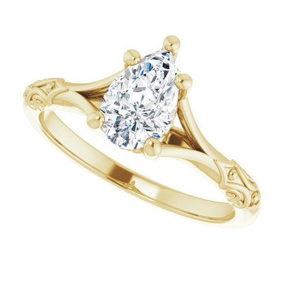 Solitaire Vintage-inspired engagement ring with a 1-carat pear-shaped diamond and decorative flourishes on the 14K gold band - Jewels of St Leon Engagement Rings Australia