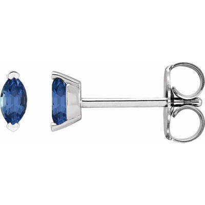 Platinum marquise tanzanite stud earrings with natural 4x2mm stones on white background.