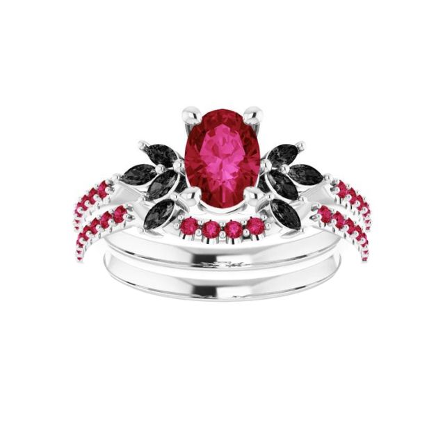 Floral-Inspired Ruby and Black Diamond Engagement Ring in 14K White Gold
