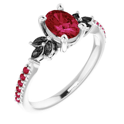 Floral-Inspired Ruby and Black Diamond Engagement Ring in 14K White Gold