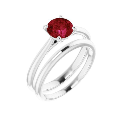 0.85ct Genuine Ruby Solitaire Bridal Set in 14K White Gold