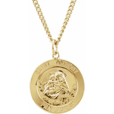 A 24K gold-plated stainless steel necklace featuring a St. Anthony medal with the infant Jesus, displayed on a white stand.