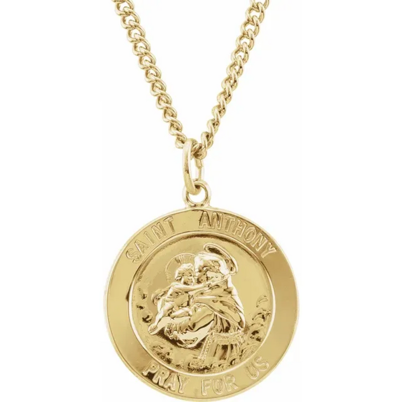 A 24K gold-plated stainless steel necklace featuring a St. Anthony medal with the infant Jesus, displayed on a white stand.