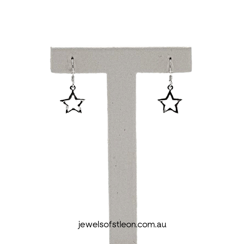 925 Sterling Silver High Polish Star Dangle Hook Earrings. Supplied by Jewels of St Leon an online Australian Jewellery Store.