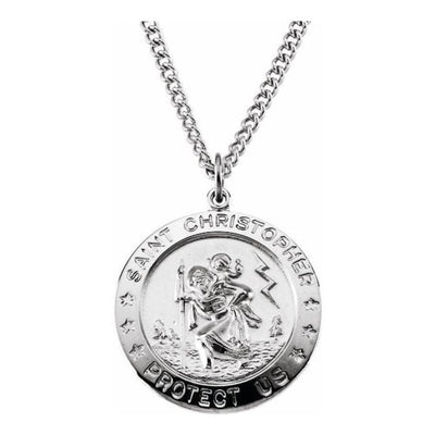 A sterling silver necklace featuring a round St. Christopher medal with an inscription and an image of St. Christopher with the Baby Jesus.