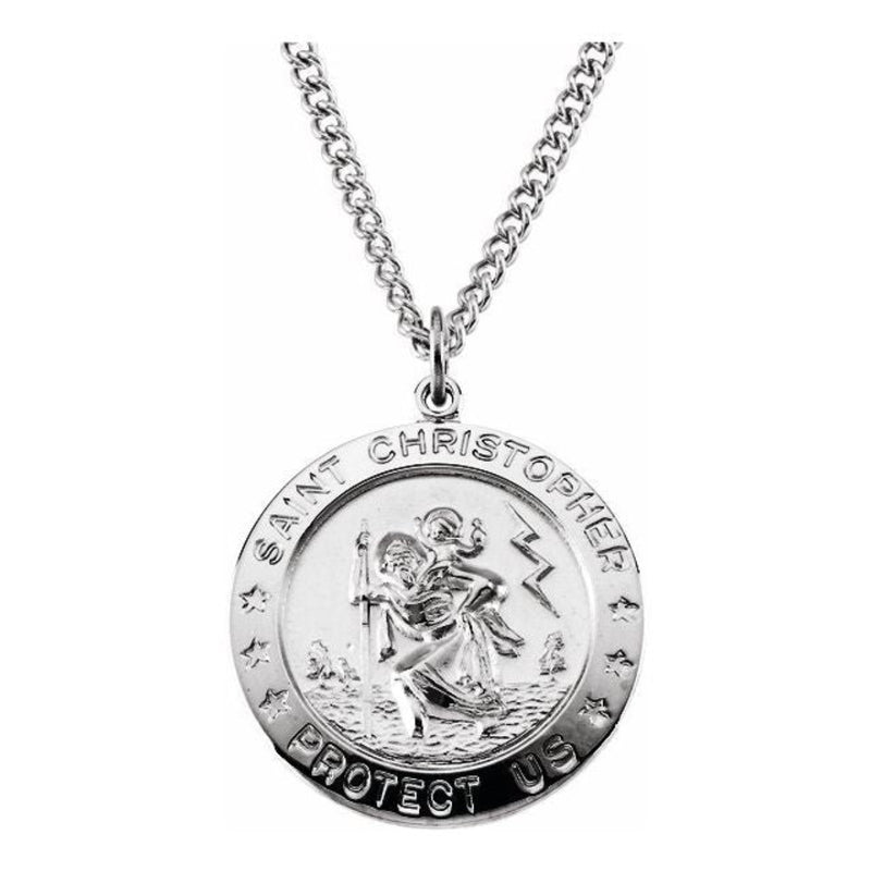 A sterling silver necklace featuring a round St. Christopher medal with an inscription and an image of St. Christopher with the Baby Jesus.