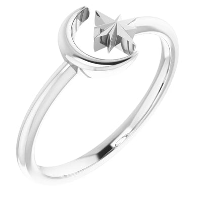 Crescent Moon and Star Sterling Silver Negative Space Ring. Available from Australian online jewellery store Jewels of St Leon.