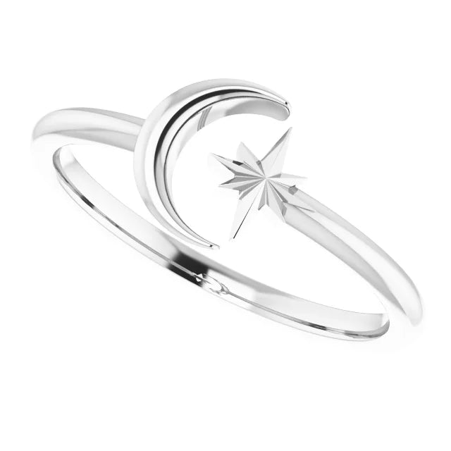 Crescent Moon and Star Sterling Silver Negative Space fashion ring. Available from Jewels of St Leon.