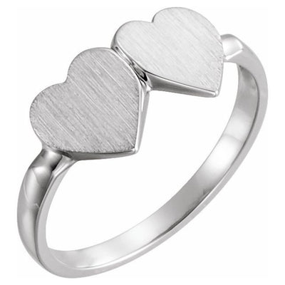 Sterling silver double heart signet ring with brushed 13.8x7mm heart top and polished band.