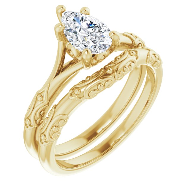 Solitaire Vintage-inspired engagement ring with a 1-carat pear-shaped diamond and decorative flourishes on the 14K gold band with matching wedding band designed for a perfect fit - Jewels of St Leon Engagement Rings Australia