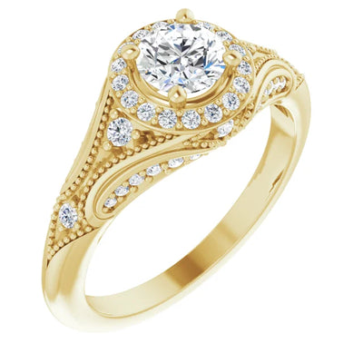 Vintage-Style Halo Engagement Ring with natural diamonds and a 0.70ct graded diamond centre. Set in 14K Yellow gold with an intricate design pattern. Available from Jewels of St Leon Engagement Rings Australia.