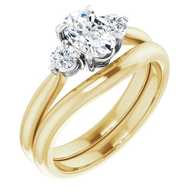 14K Yellow Gold Band with a 14K White Gold setting, with three natural diamonds in a classic style and matching wedding band. Available from Jewels of St Leon Jewellery Australia