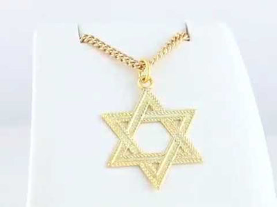 Watch the Star of David necklace in 24K Gold Plated Sterling Silver, featuring a 28.8 x 22.7mm pendant on a 60cm chain. This unisex piece offers a perfect blend of faith and style for men and women.